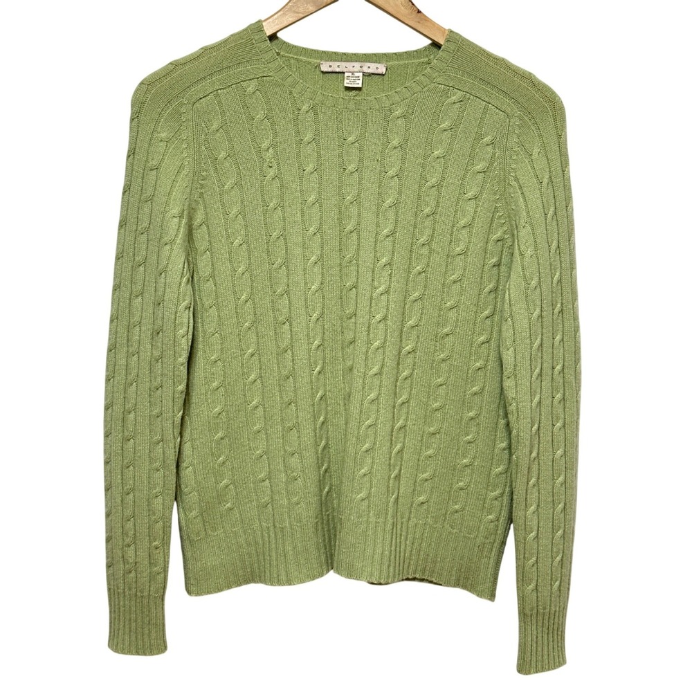 VTG Belford 100% Cashmere Sweater Women XL Green Cable Knit Crewneck Luxury Soft